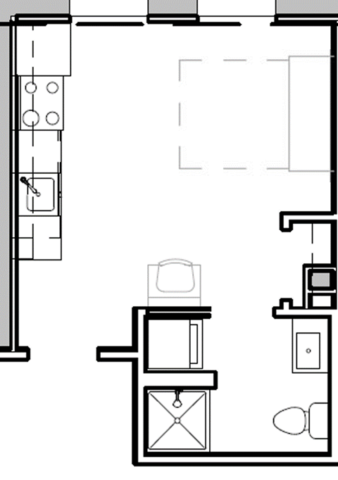 Floor plan for studio, 1 bath, 275 sqft